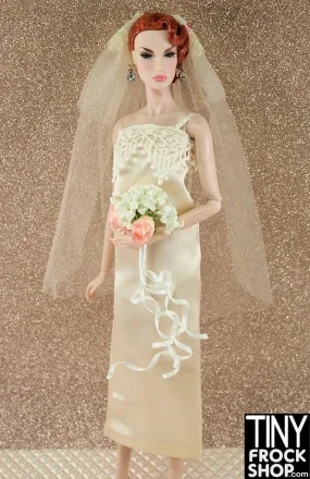 12" Fashion Doll Cream Re-embroidered Lace Satin Tube Wedding Dress with Veil