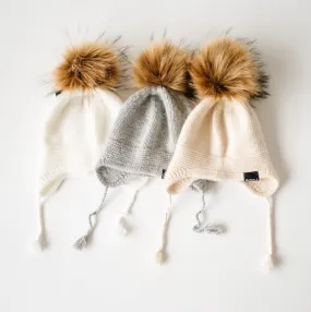 Baby Beanie with faux fur  pompom - Cream (0-1 y)