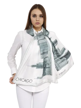 CHICAGO Skyline Art 100% Silk Stole Scarf in Grey White