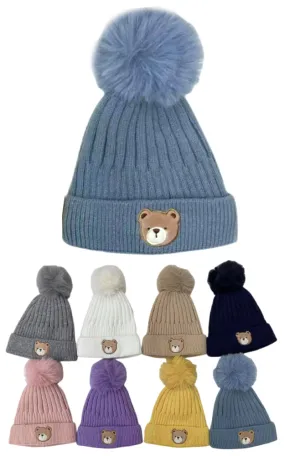 DBHK3938 Kids Bear Face Winter Knit PomPom Hats