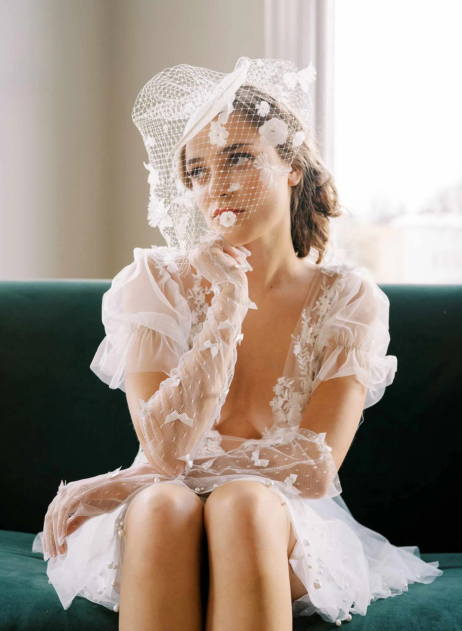 Floral birdcage veil bridal mini hat - Style #2455