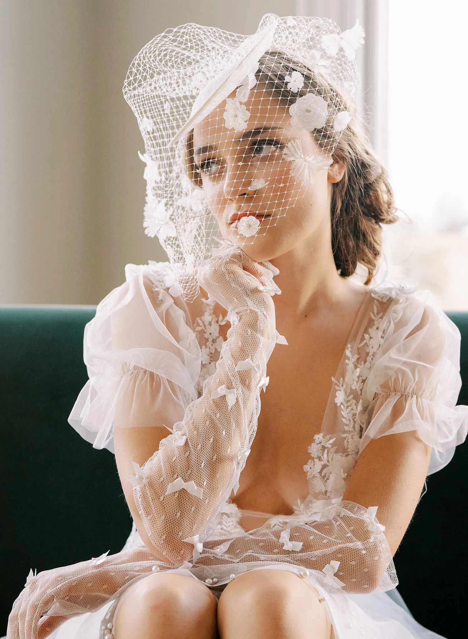 Floral birdcage veil bridal mini hat - Style #2455