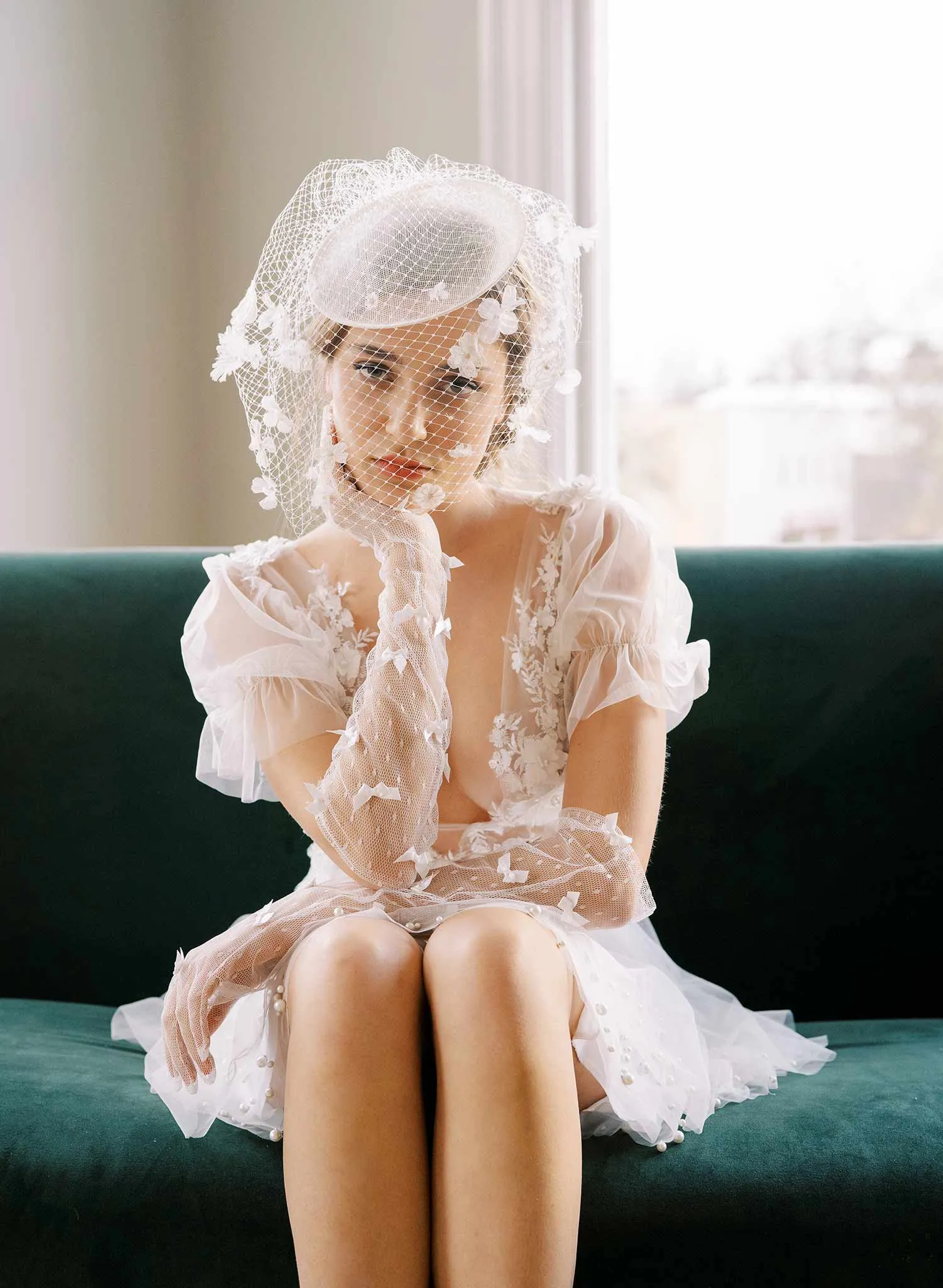 Floral birdcage veil bridal mini hat - Style #2455