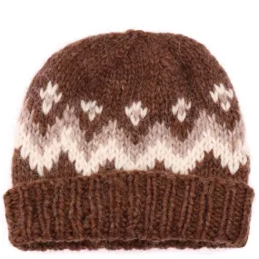 Handknit Wool Hat - Brown / White