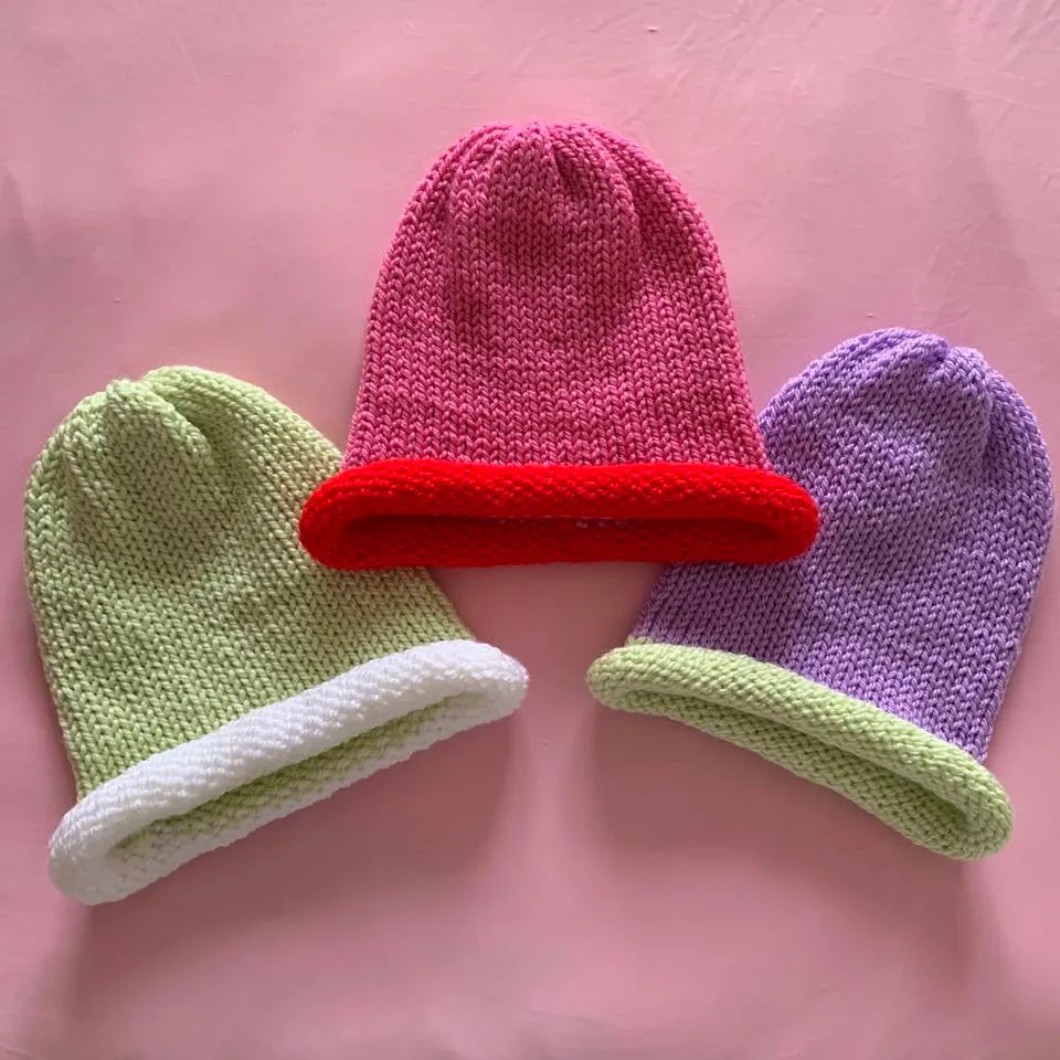 Handmade knitted colour block beanie hats - choose your colour