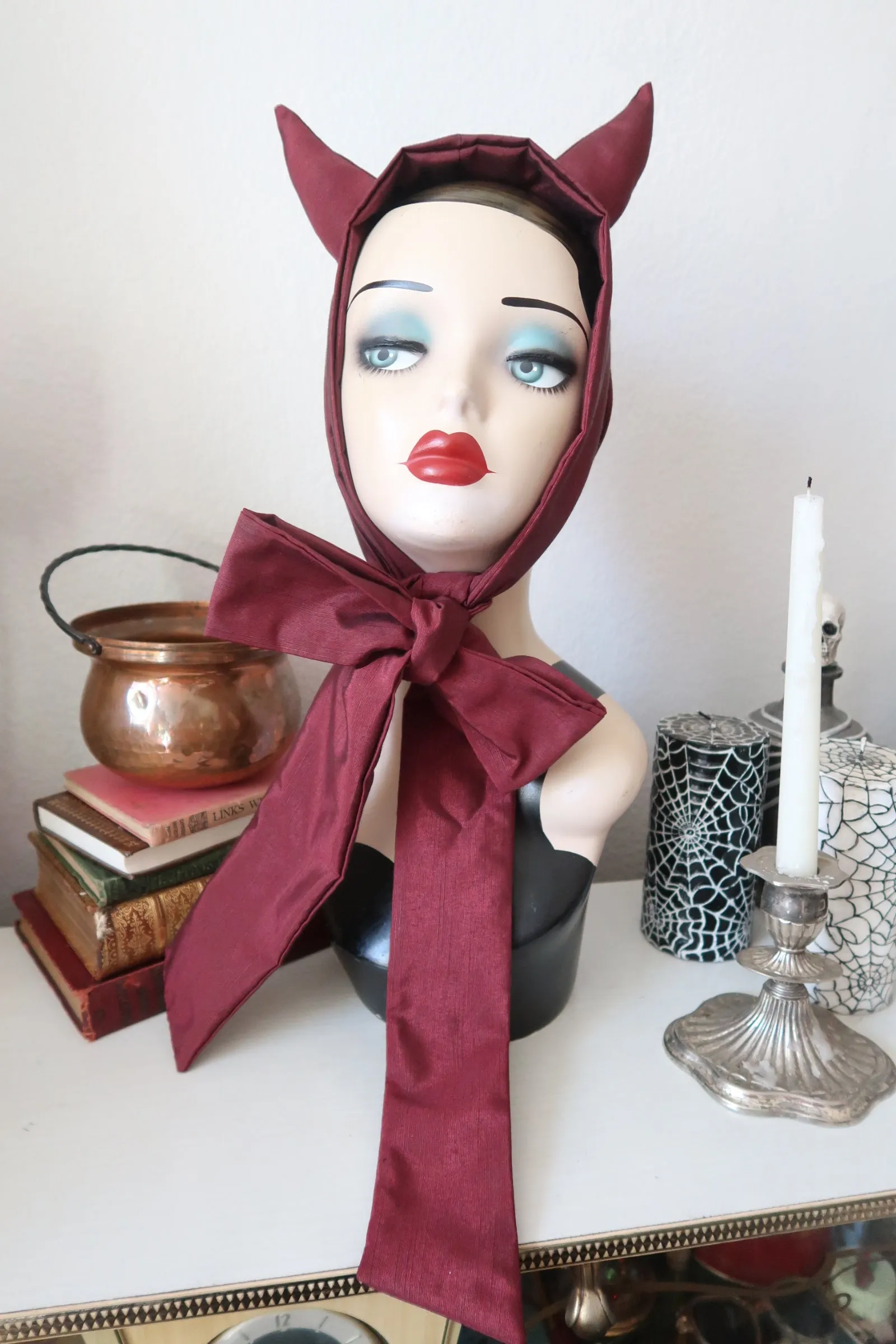 ‘Little Devil’ Vintage Headband in Dark Red Fabric