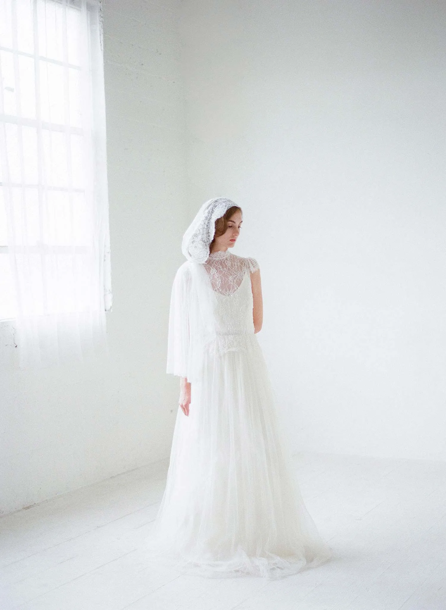 Mantilla lace trimmed veil with headband - Style #709