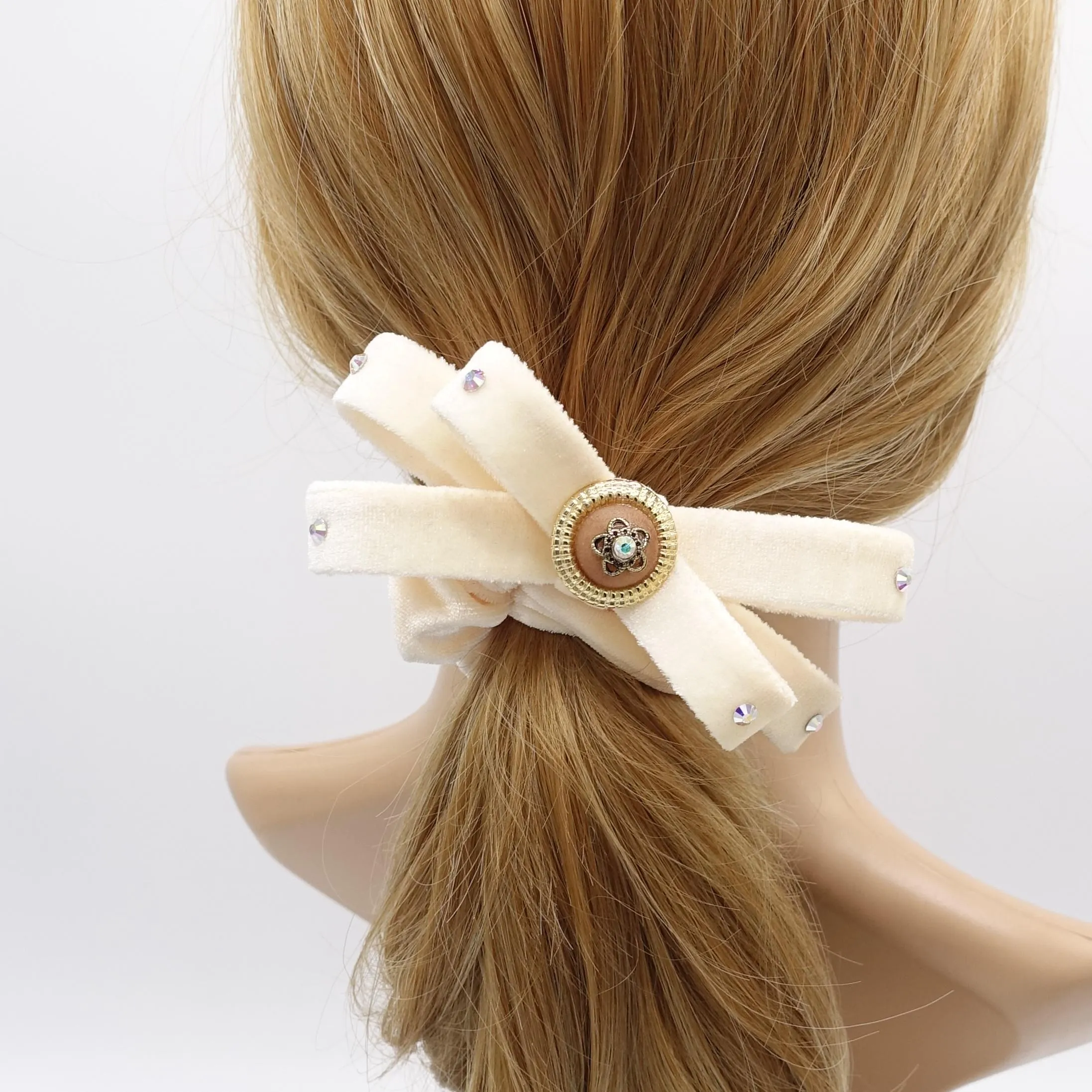 rhinestone button velvet bow scrunchies, regal loop hair tie, embellished hair ties for women