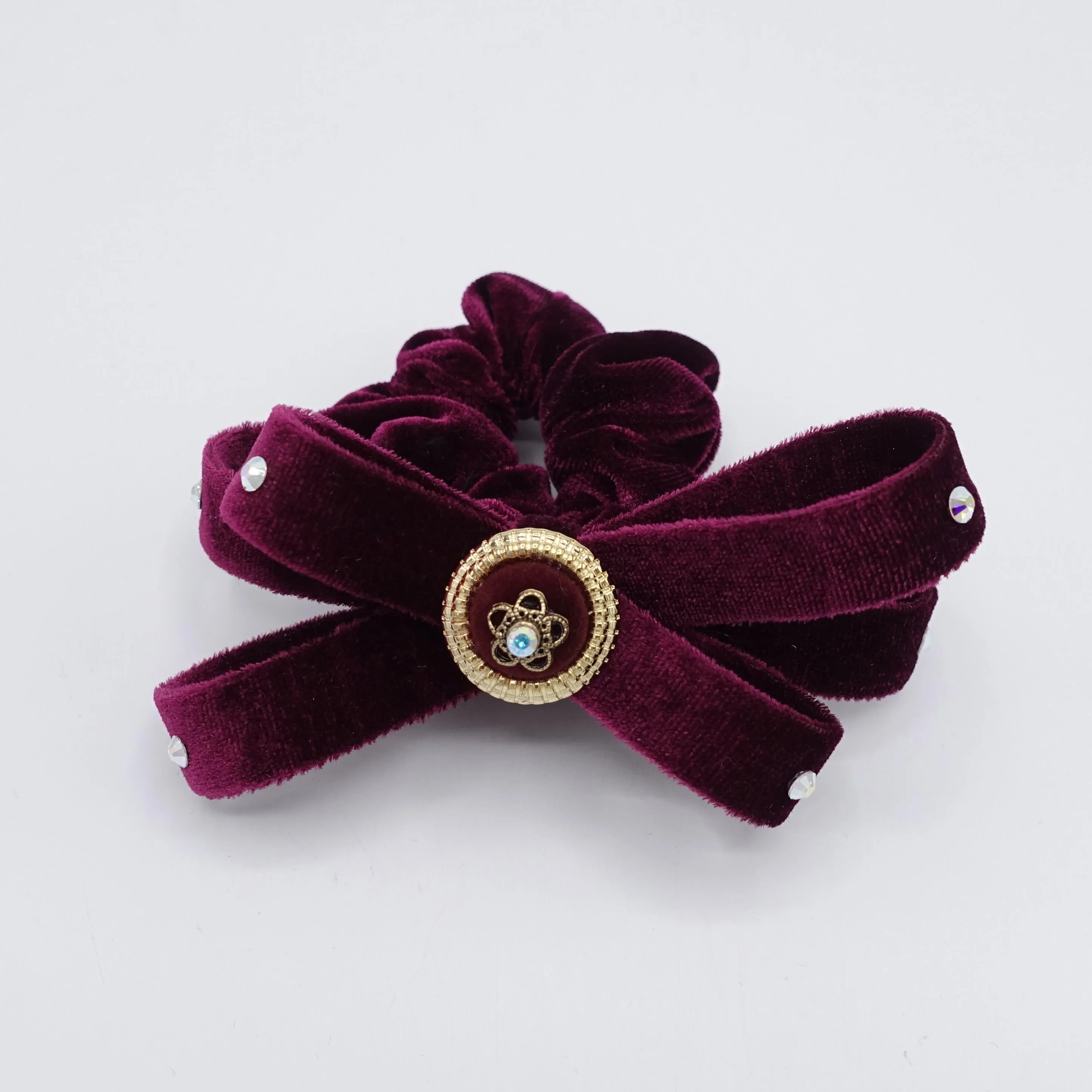 rhinestone button velvet bow scrunchies, regal loop hair tie, embellished hair ties for women