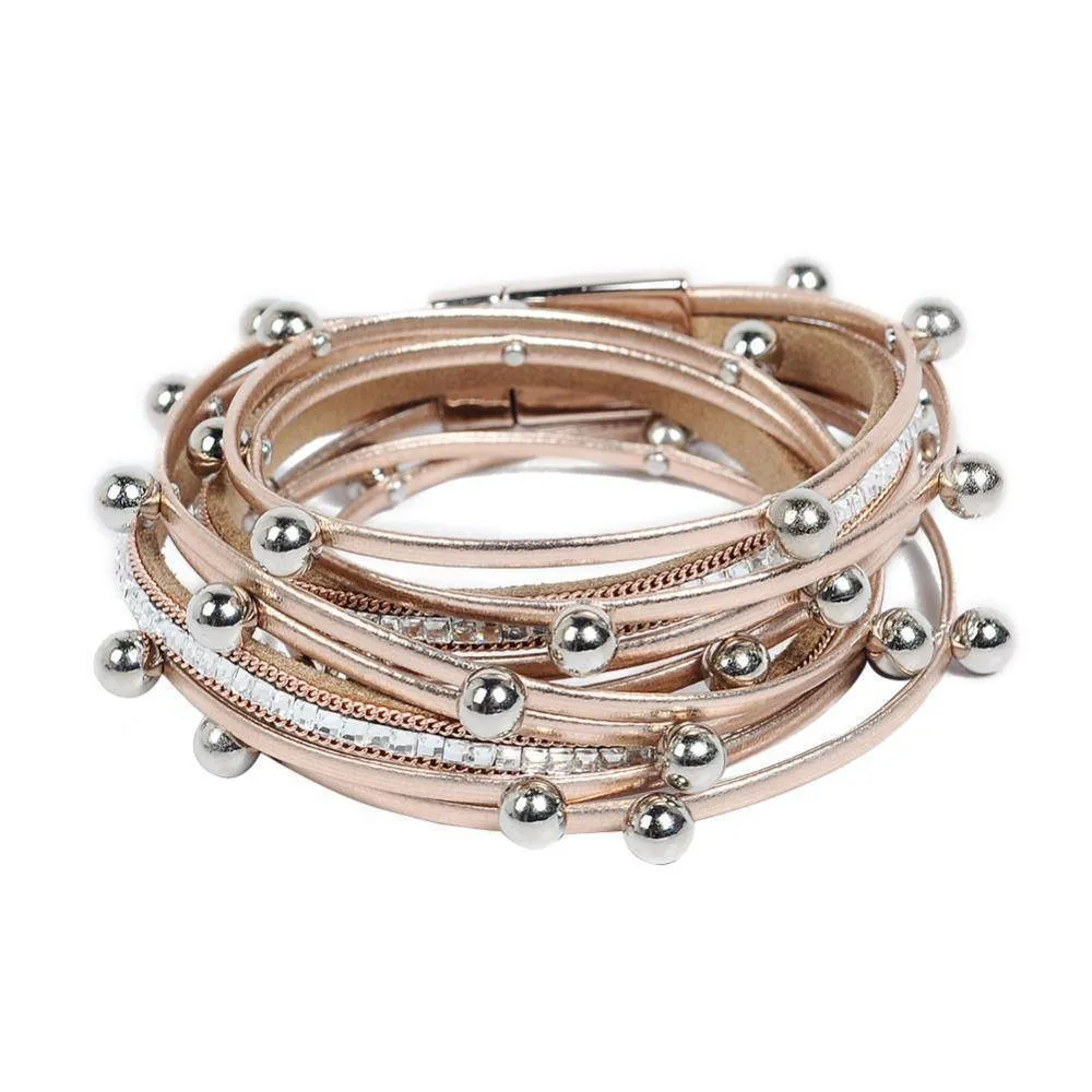 Silver beads Wrap leather bangle bracelet