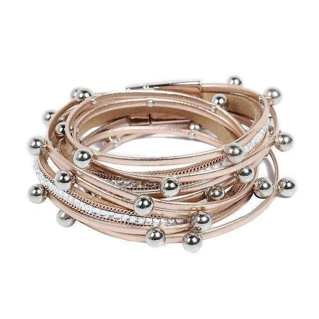 Silver beads Wrap leather bangle bracelet