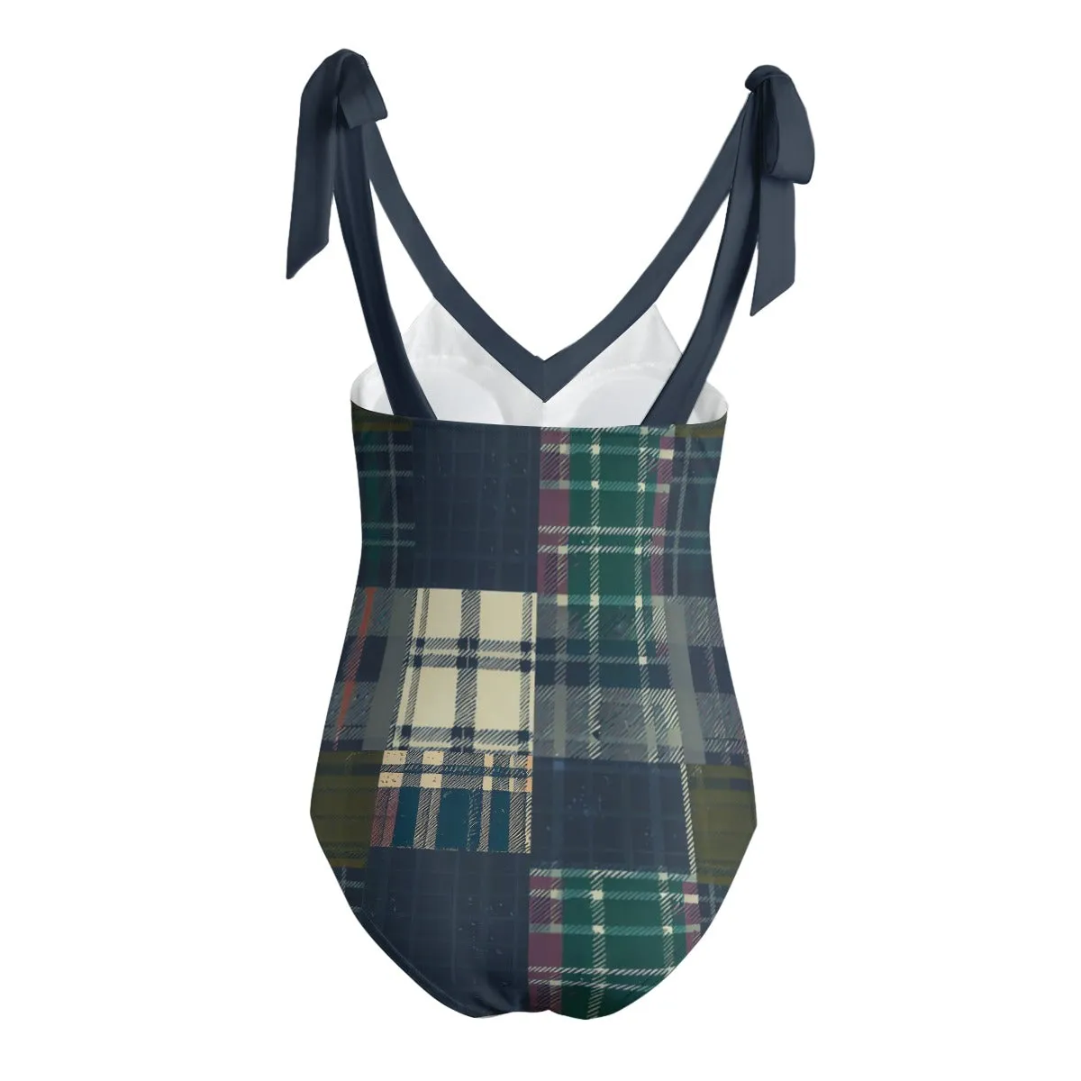 Vampire Art Grunge Patchwork Women's Tie Shoulder One-piece Padded Swimsuit - Tartan